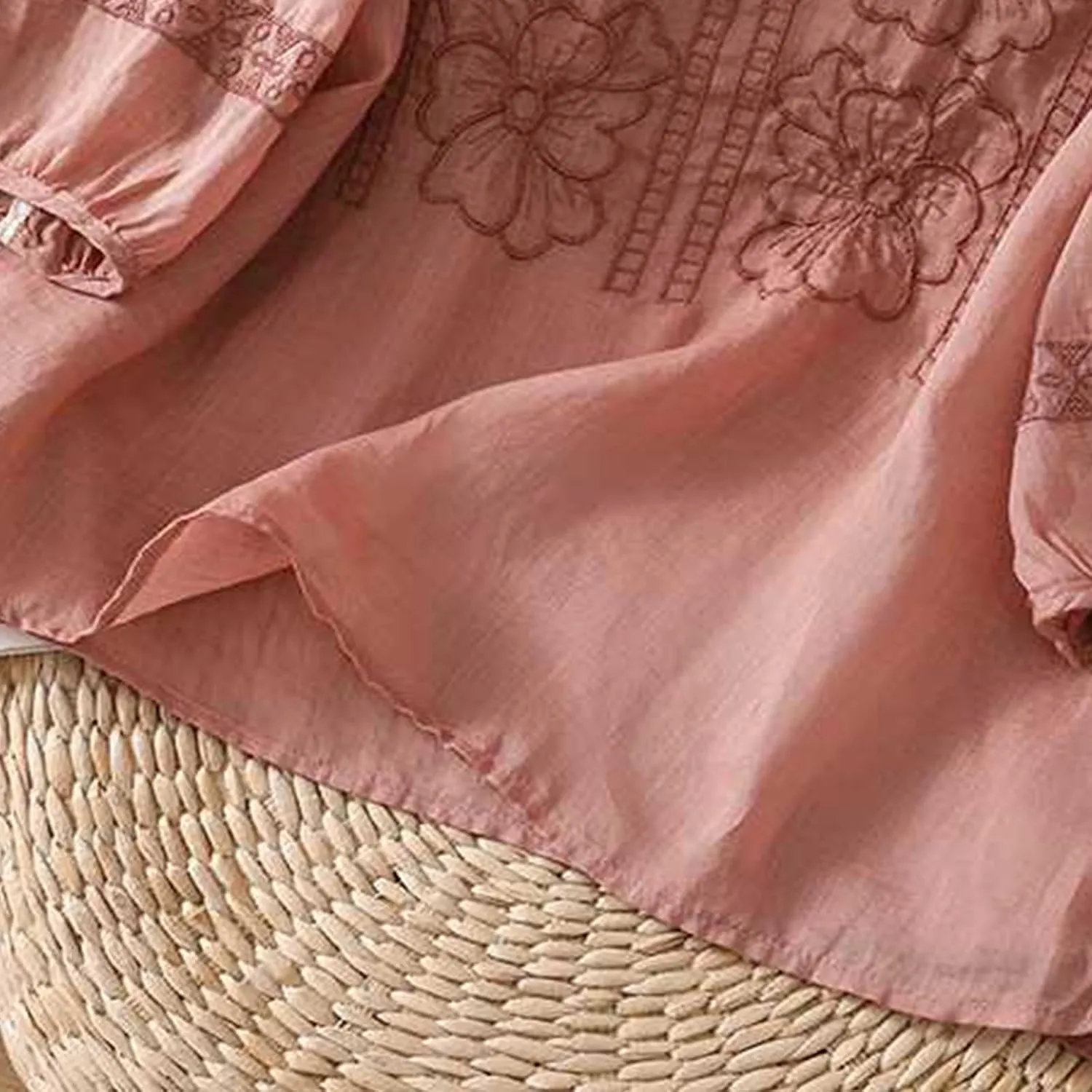 Mexican Embroidered T-Shirt for Women Summer Cotton Linen 3/4 Sleeve Boho Peasant Shirts Loose Vintage Hippie Tops