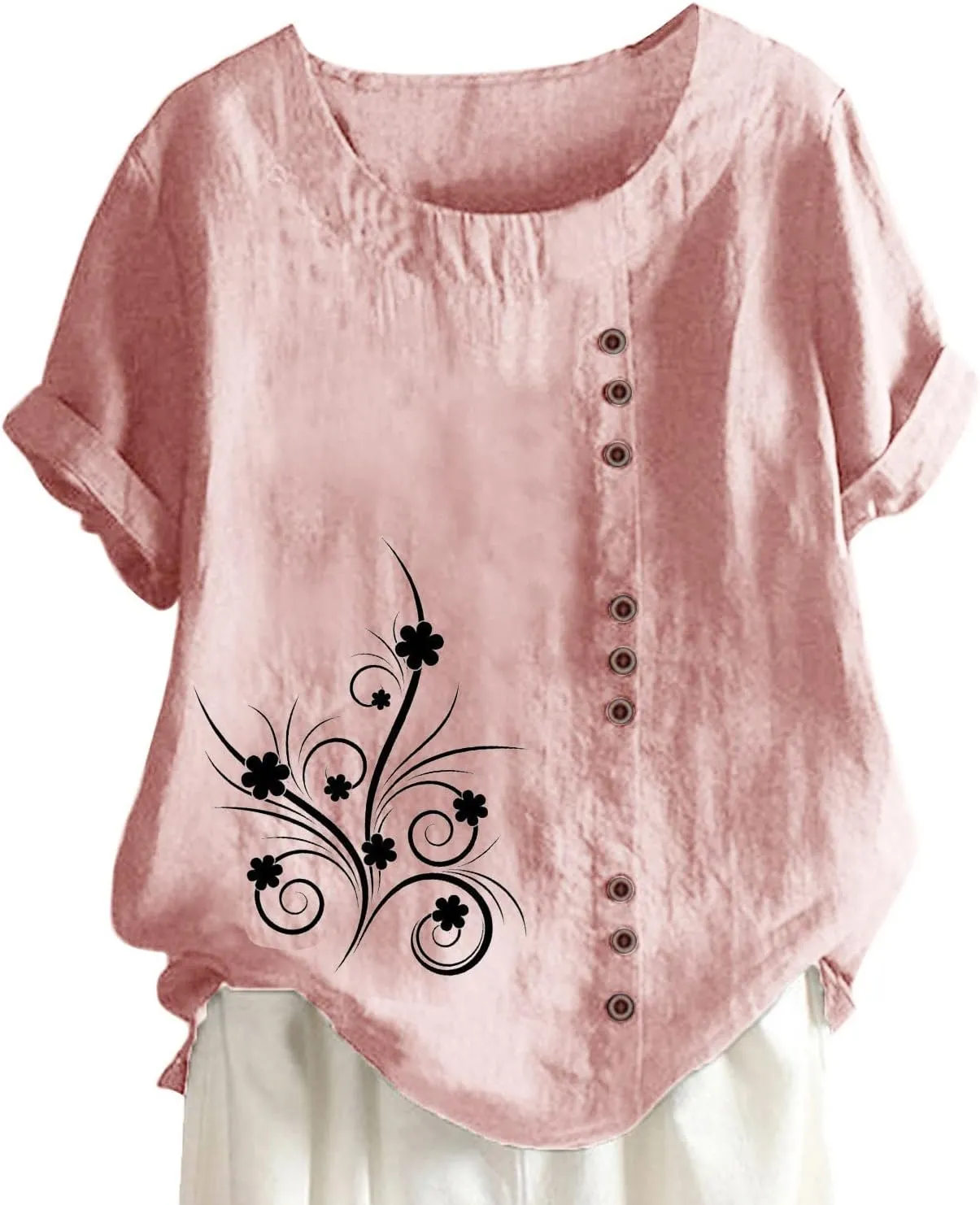 Mexican Embroidered T-Shirt for Women Summer Cotton Linen 3/4 Sleeve Boho Peasant Shirts Loose Vintage Hippie Tops