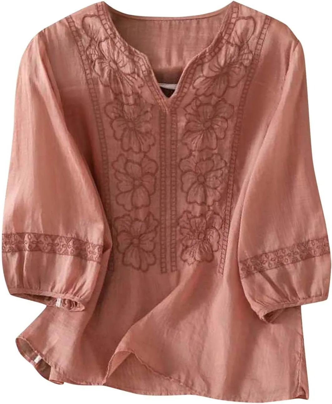 Mexican Embroidered T-Shirt for Women Summer Cotton Linen 3/4 Sleeve Boho Peasant Shirts Loose Vintage Hippie Tops