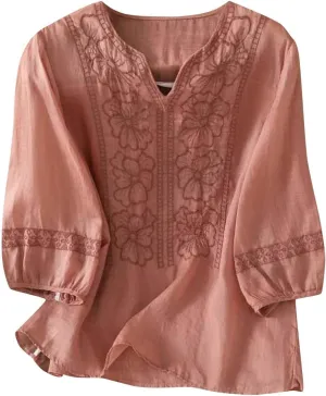 Mexican Embroidered T-Shirt for Women Summer Cotton Linen 3/4 Sleeve Boho Peasant Shirts Loose Vintage Hippie Tops