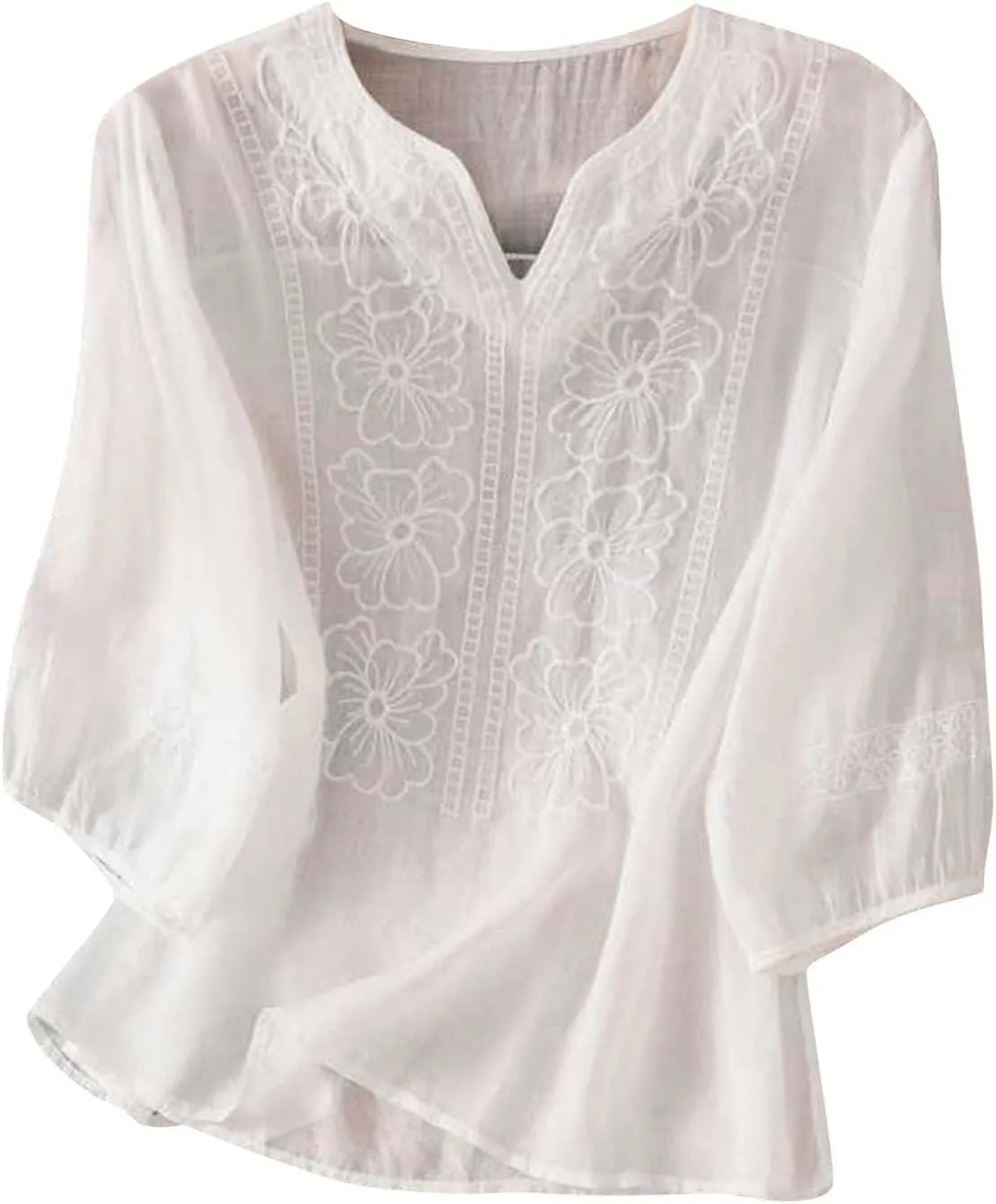 Mexican Embroidered T-Shirt for Women Summer Cotton Linen 3/4 Sleeve Boho Peasant Shirts Loose Vintage Hippie Tops