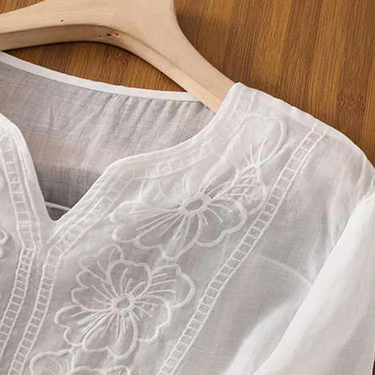 Mexican Embroidered T-Shirt for Women Summer Cotton Linen 3/4 Sleeve Boho Peasant Shirts Loose Vintage Hippie Tops