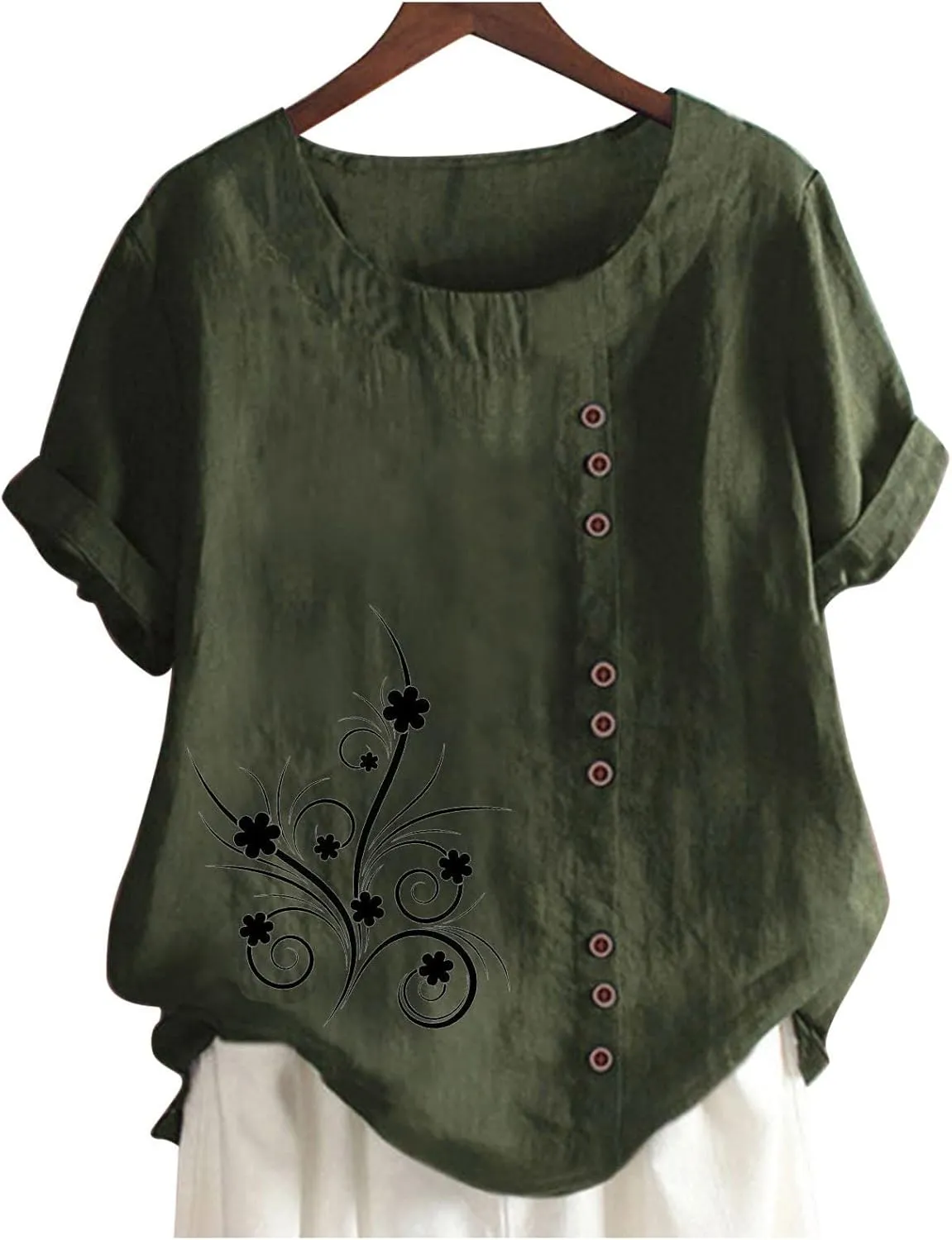 Mexican Embroidered T-Shirt for Women Summer Cotton Linen 3/4 Sleeve Boho Peasant Shirts Loose Vintage Hippie Tops
