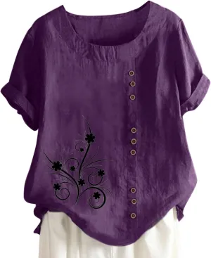 Mexican Embroidered T-Shirt for Women Summer Cotton Linen 3/4 Sleeve Boho Peasant Shirts Loose Vintage Hippie Tops