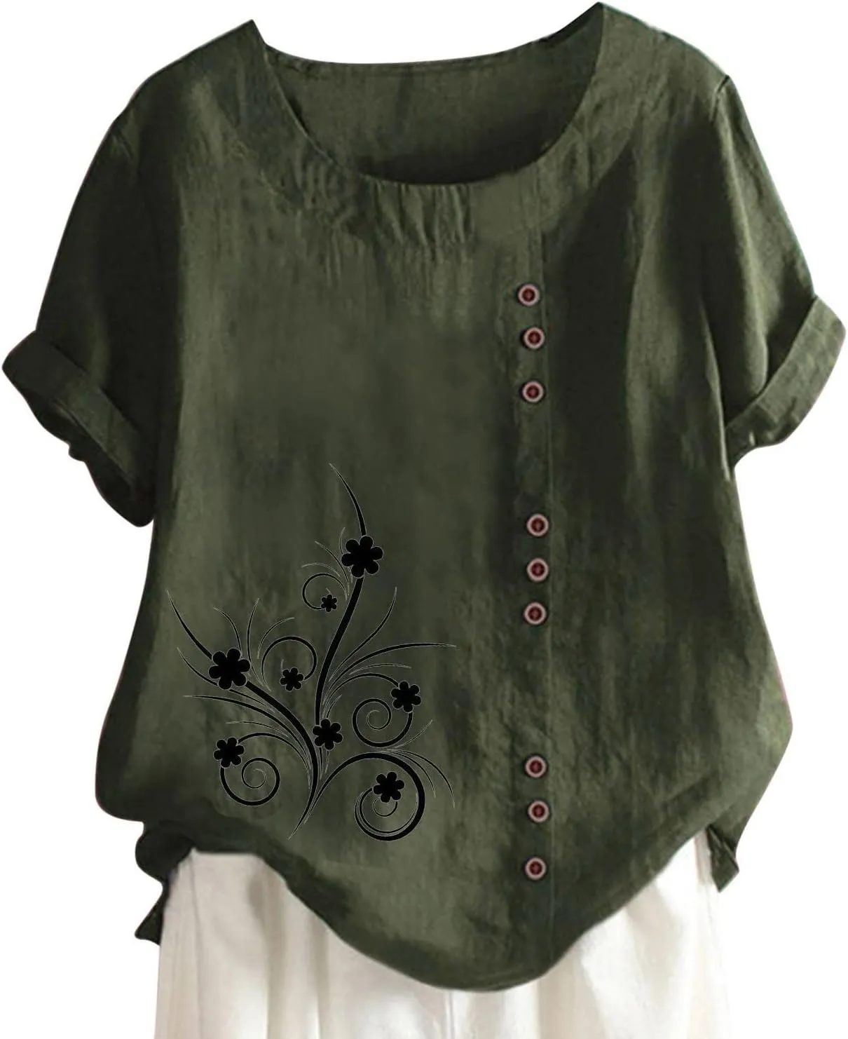 Mexican Embroidered T-Shirt for Women Summer Cotton Linen 3/4 Sleeve Boho Peasant Shirts Loose Vintage Hippie Tops