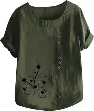 Mexican Embroidered T-Shirt for Women Summer Cotton Linen 3/4 Sleeve Boho Peasant Shirts Loose Vintage Hippie Tops