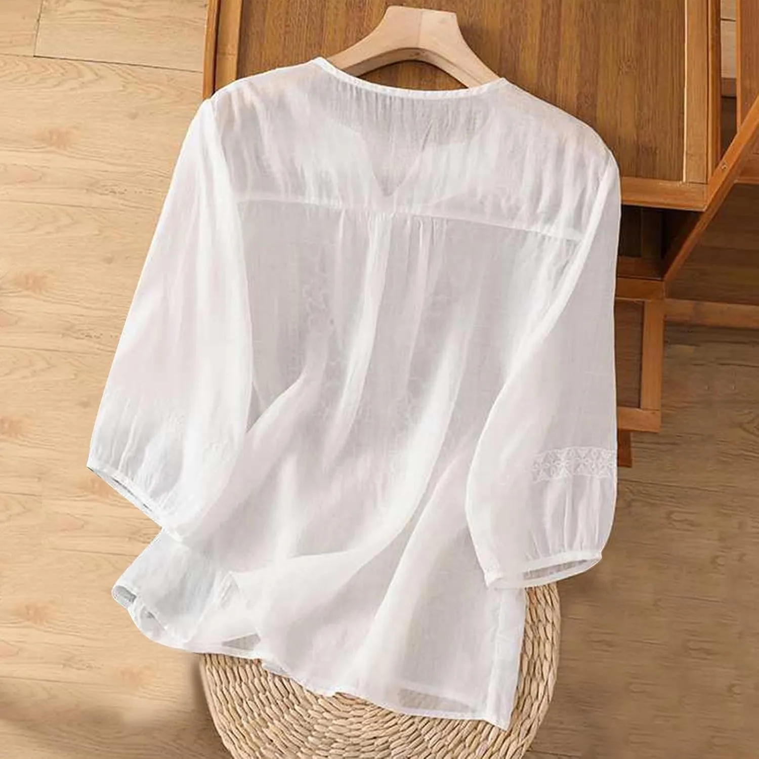 Mexican Embroidered T-Shirt for Women Summer Cotton Linen 3/4 Sleeve Boho Peasant Shirts Loose Vintage Hippie Tops