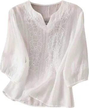 Mexican Embroidered T-Shirt for Women Summer Cotton Linen 3/4 Sleeve Boho Peasant Shirts Loose Vintage Hippie Tops