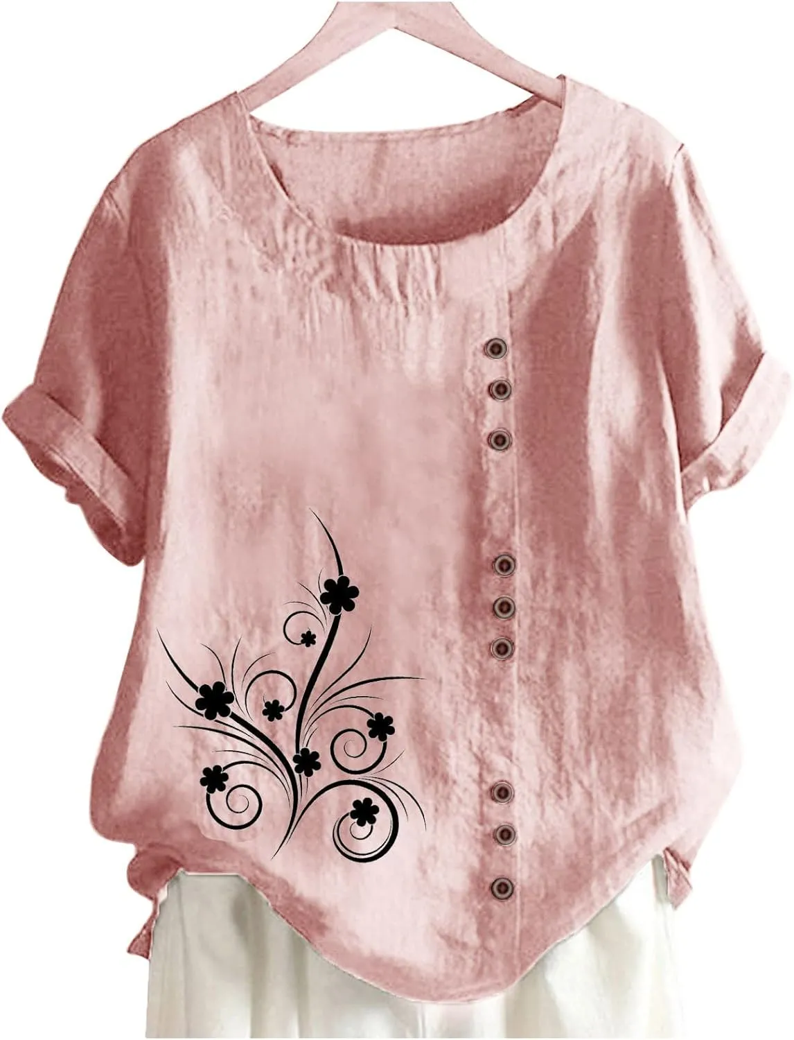 Mexican Embroidered T-Shirt for Women Summer Cotton Linen 3/4 Sleeve Boho Peasant Shirts Loose Vintage Hippie Tops