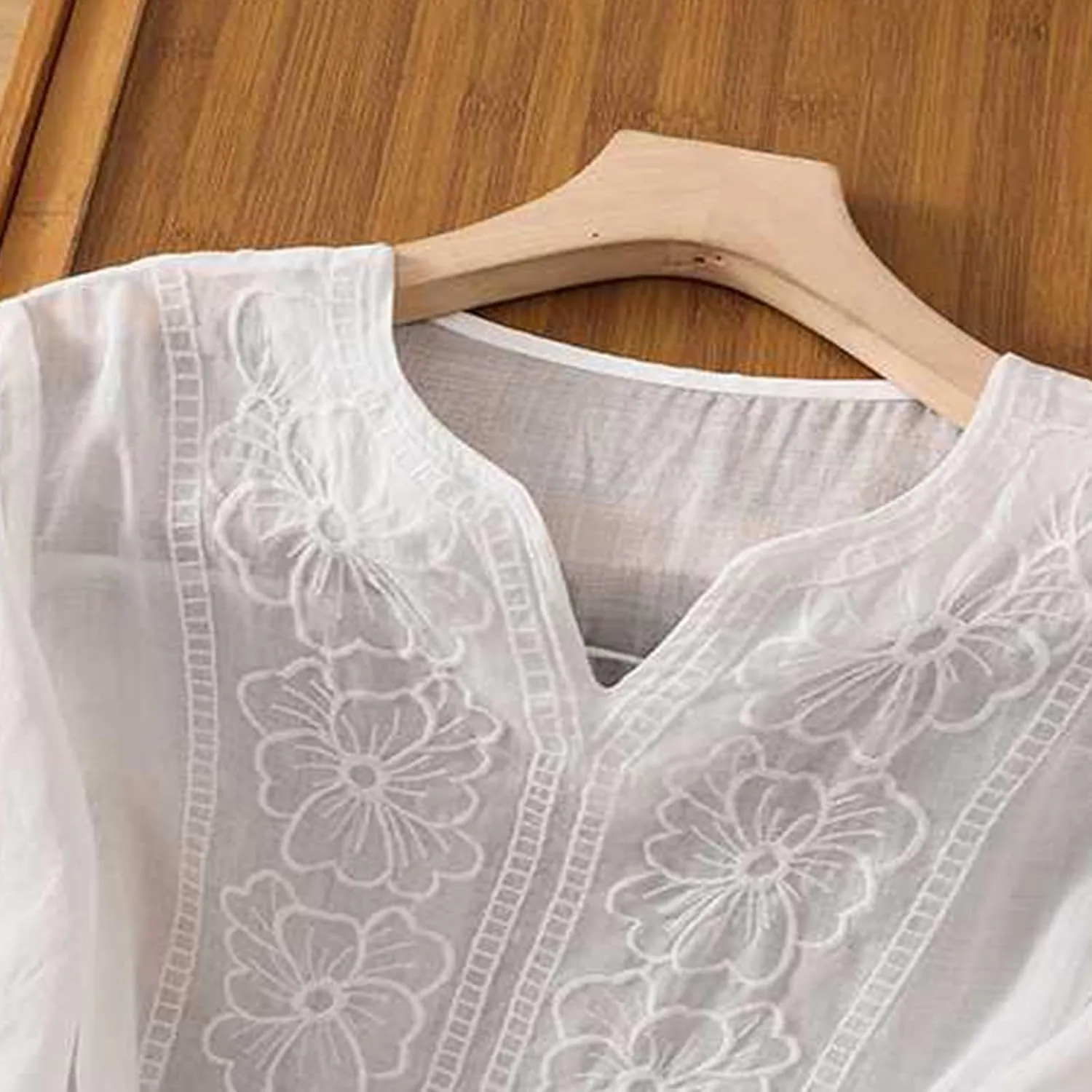 Mexican Embroidered T-Shirt for Women Summer Cotton Linen 3/4 Sleeve Boho Peasant Shirts Loose Vintage Hippie Tops