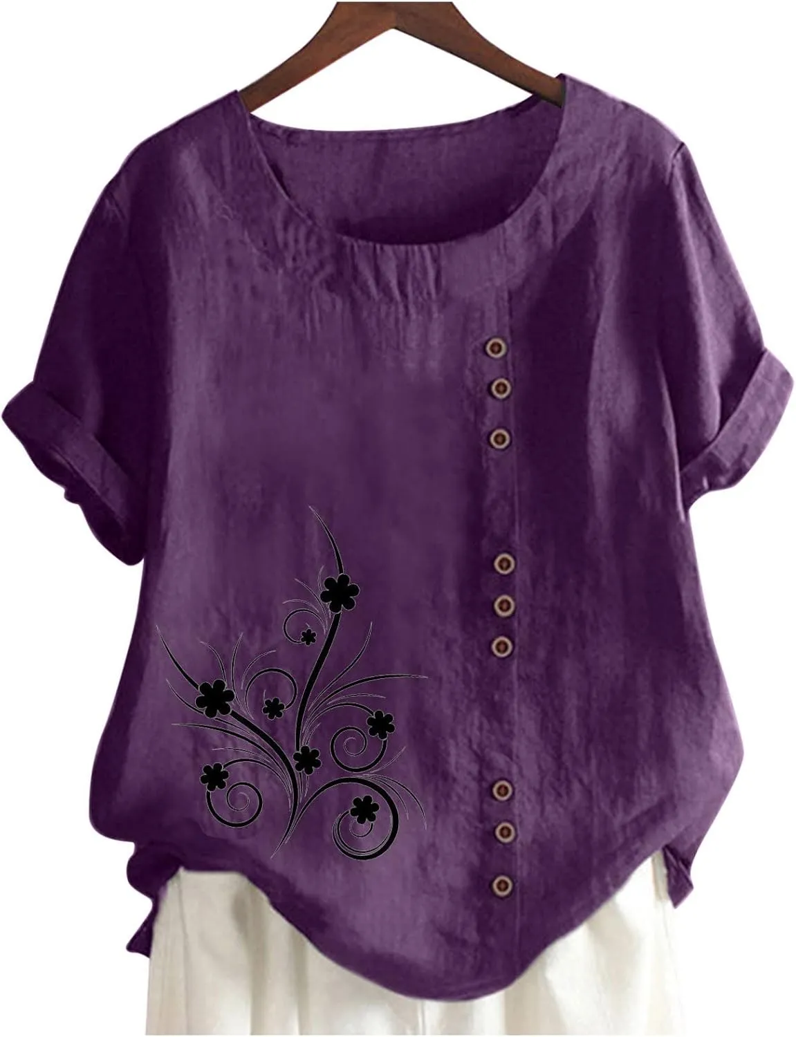 Mexican Embroidered T-Shirt for Women Summer Cotton Linen 3/4 Sleeve Boho Peasant Shirts Loose Vintage Hippie Tops