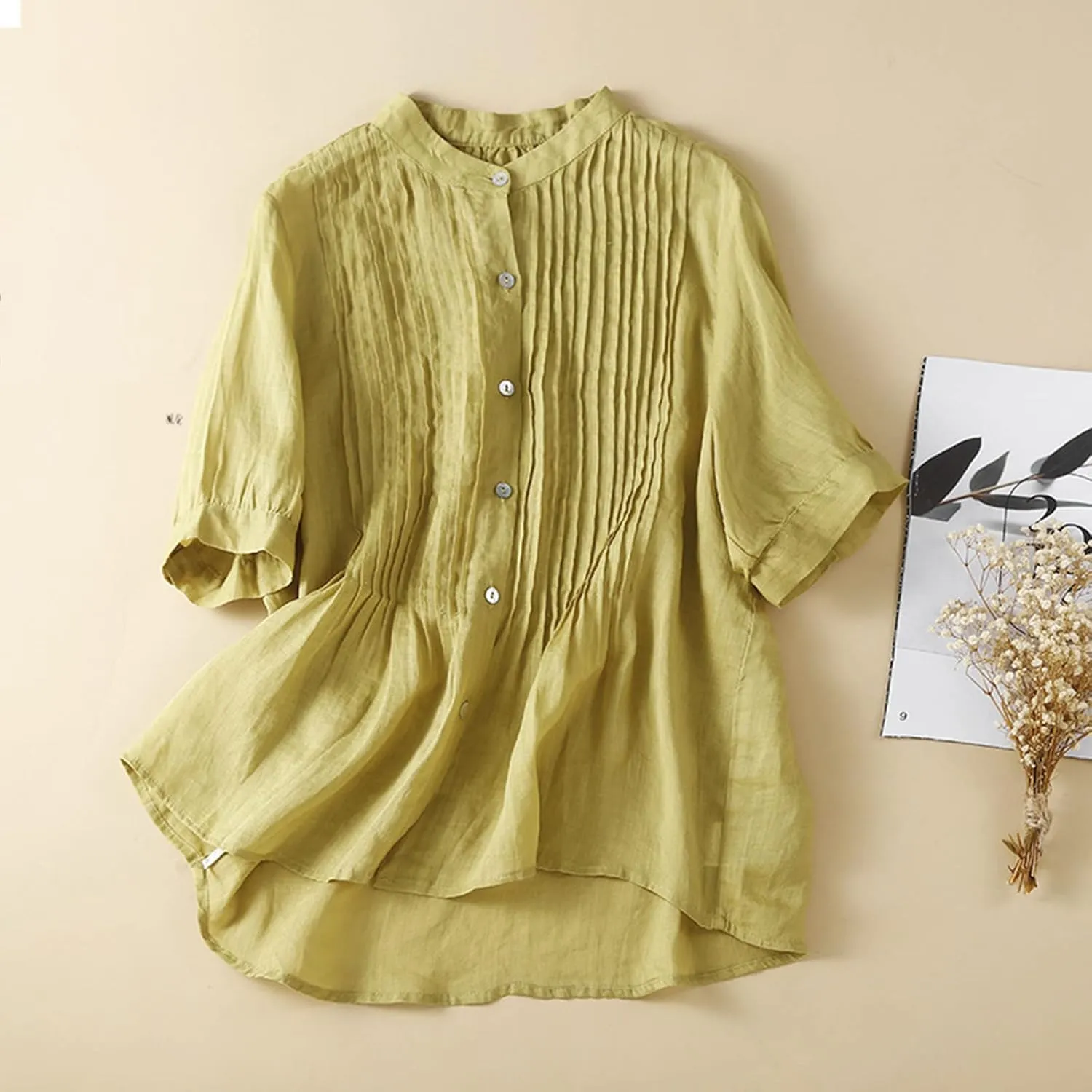 Mexican Shirts for Women Summer Embroidered Blouse Casual Short Sleeve Round Neck Top Cotton Linen Shirt