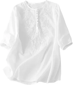 Mexico Shirts for Women Summer Embroidered Blouse Cotton Linen Round Neck Tops Vintage Loose Button-Down T-Shirt