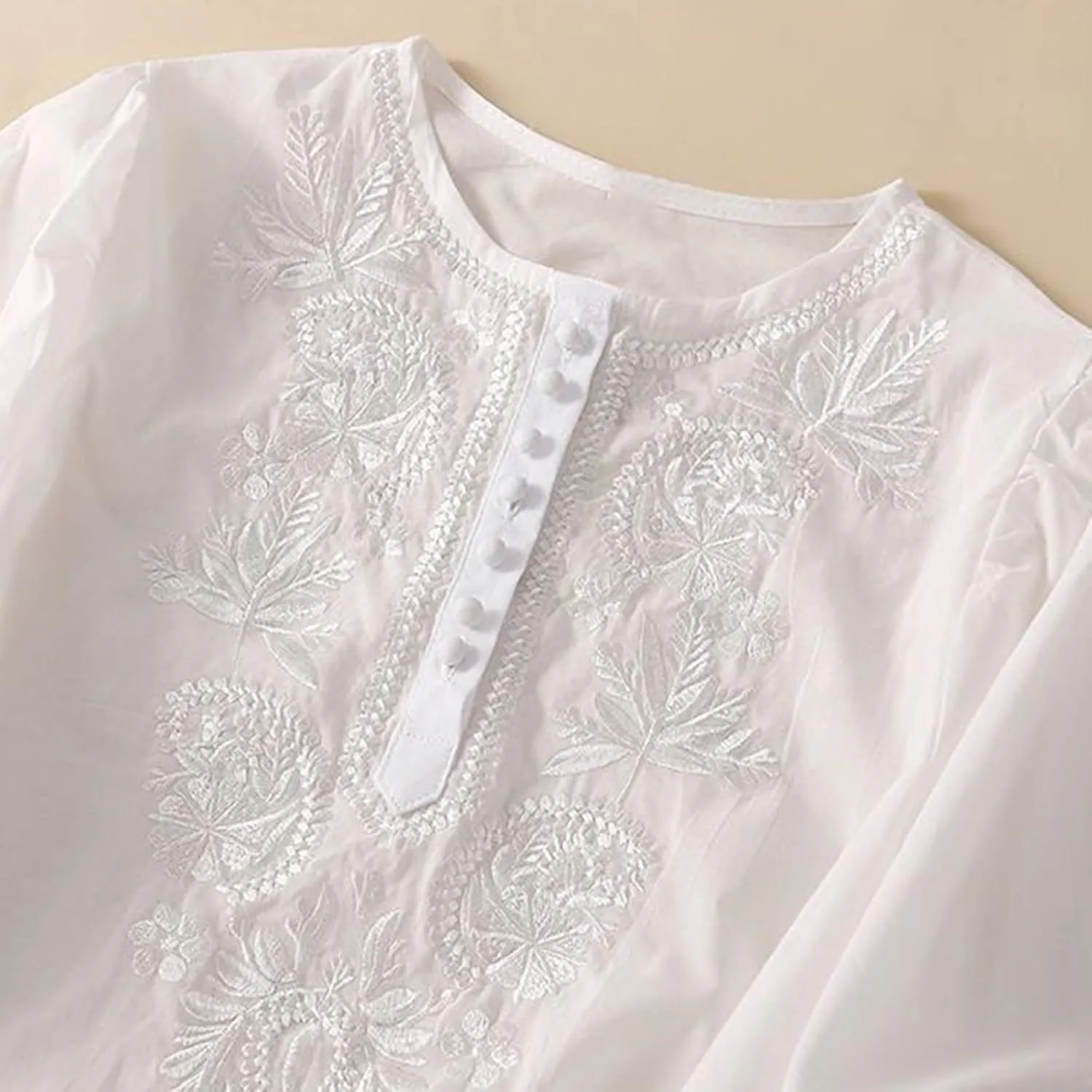 Mexico Shirts for Women Summer Embroidered Blouse Cotton Linen Round Neck Tops Vintage Loose Button-Down T-Shirt