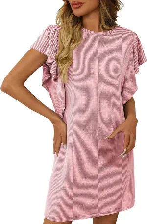 Midi Dress for Women Ruffle Cap Sleeve Quilted Dresses Crew Neck Casual Comfort Sundresses Soft Smooth Beach Beachwear
