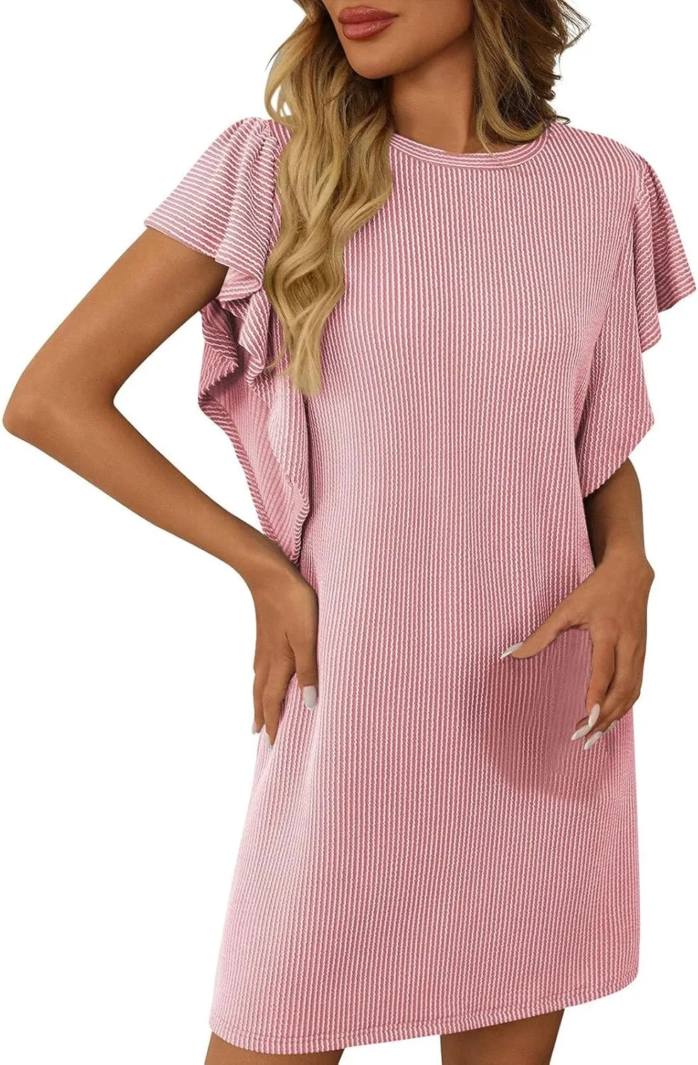 Midi Dress for Women Ruffle Cap Sleeve Quilted Dresses Crew Neck Casual Comfort Sundresses Soft Smooth Beach Beachwear