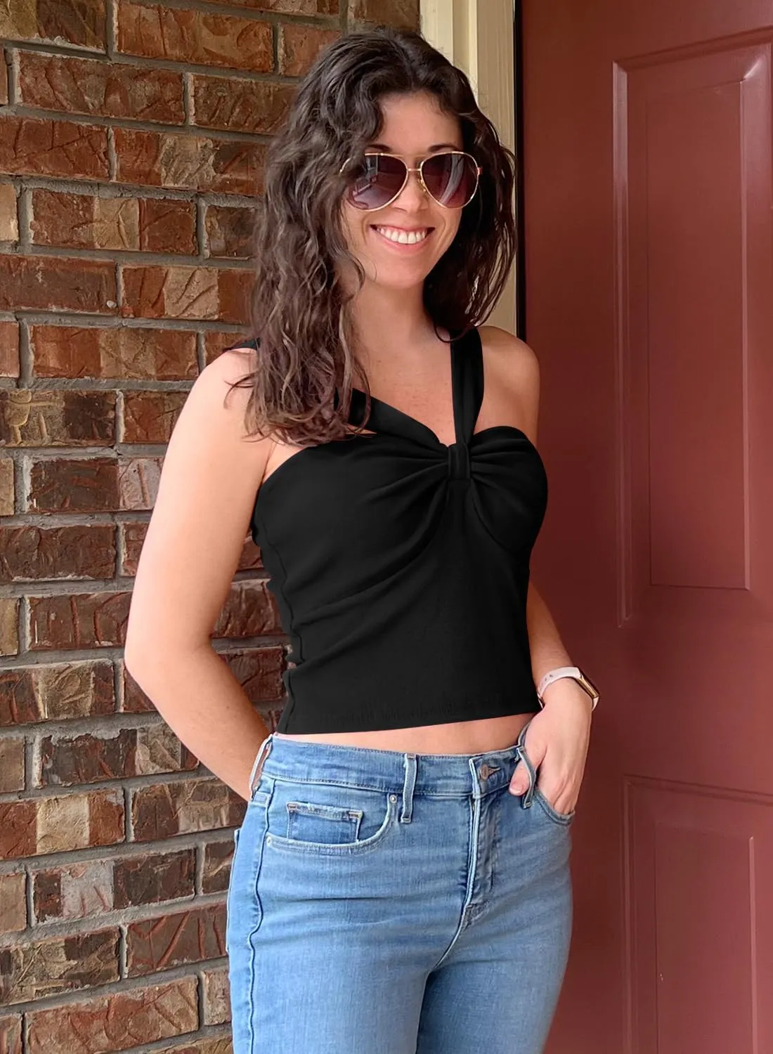MIHOLL Going Out Tops for Women Cute Tank Tops Twist Front Ribbed Sleeveless Crop Top for Trendy Summer Sexy