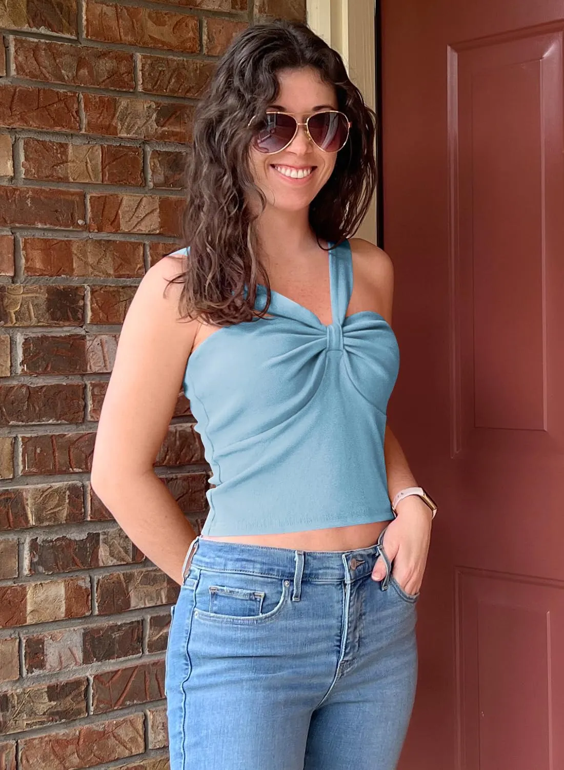 MIHOLL Going Out Tops for Women Cute Tank Tops Twist Front Ribbed Sleeveless Crop Top for Trendy Summer Sexy