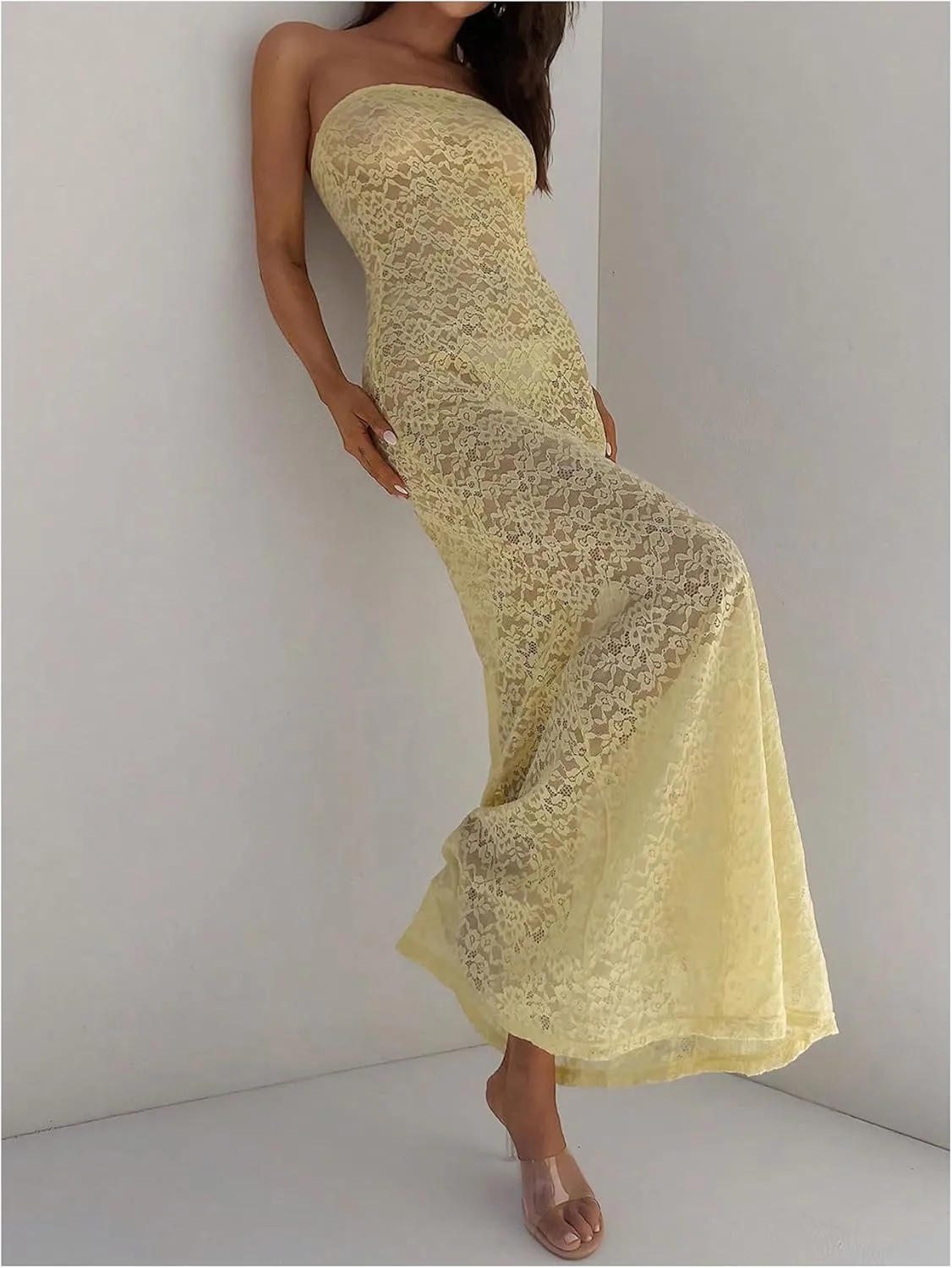 Milumia Women's Lace Tube Maxi Dress Strapless See Through Sheer Bodycon Dresses