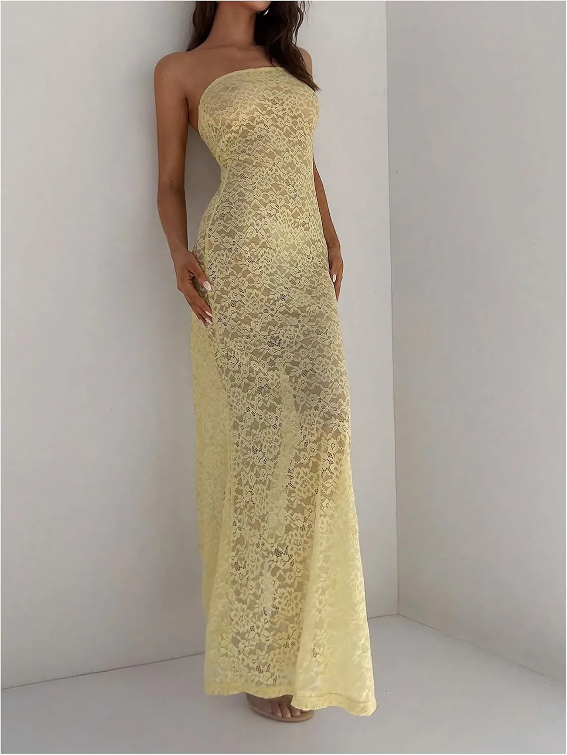 Milumia Women's Lace Tube Maxi Dress Strapless See Through Sheer Bodycon Dresses