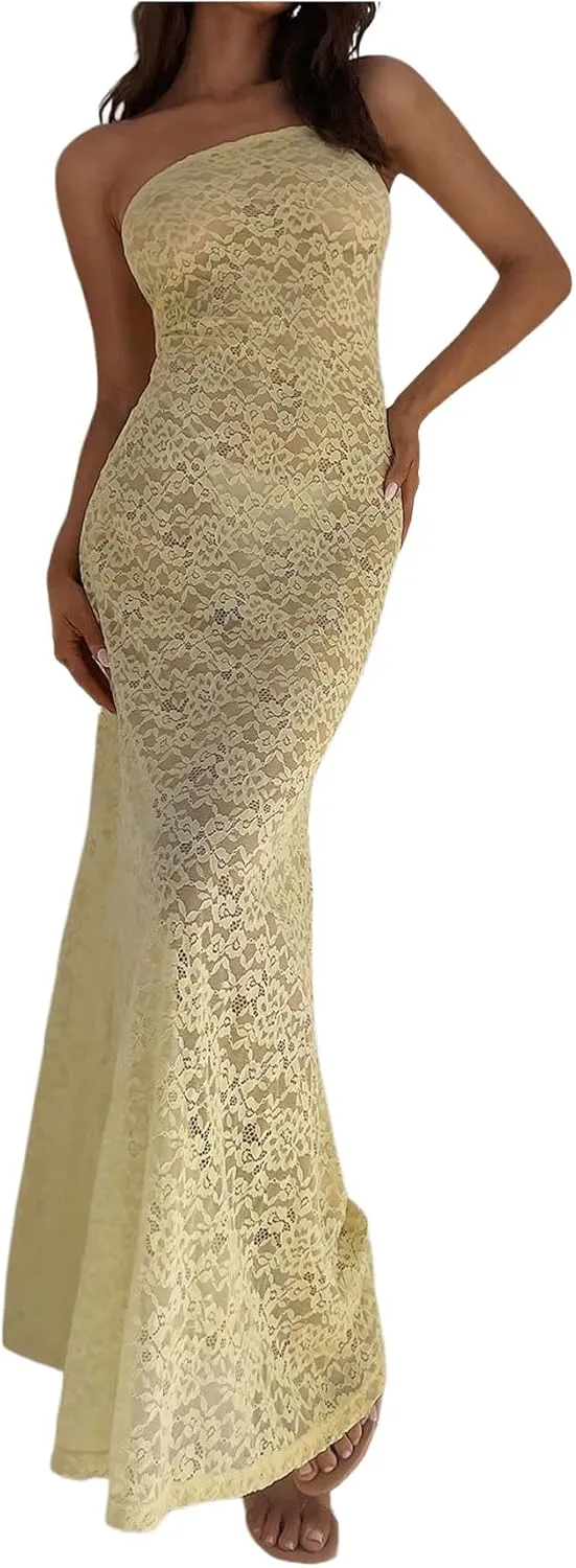 Milumia Women's Lace Tube Maxi Dress Strapless See Through Sheer Bodycon Dresses
