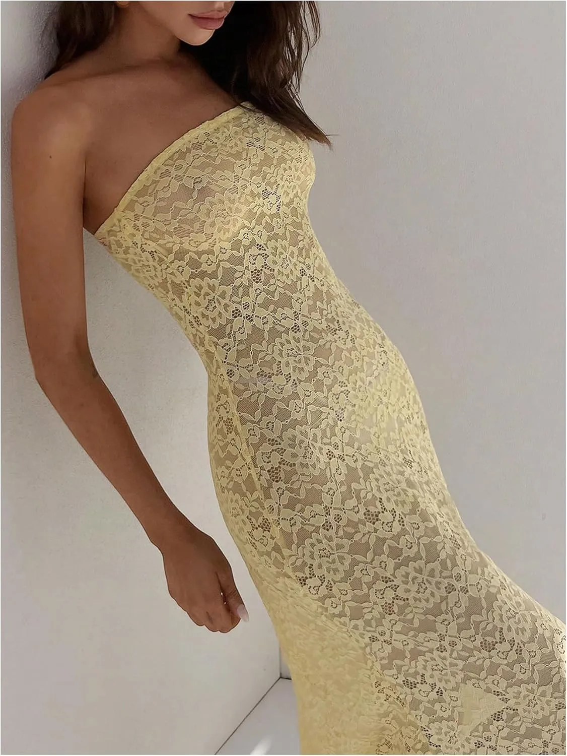 Milumia Women's Lace Tube Maxi Dress Strapless See Through Sheer Bodycon Dresses