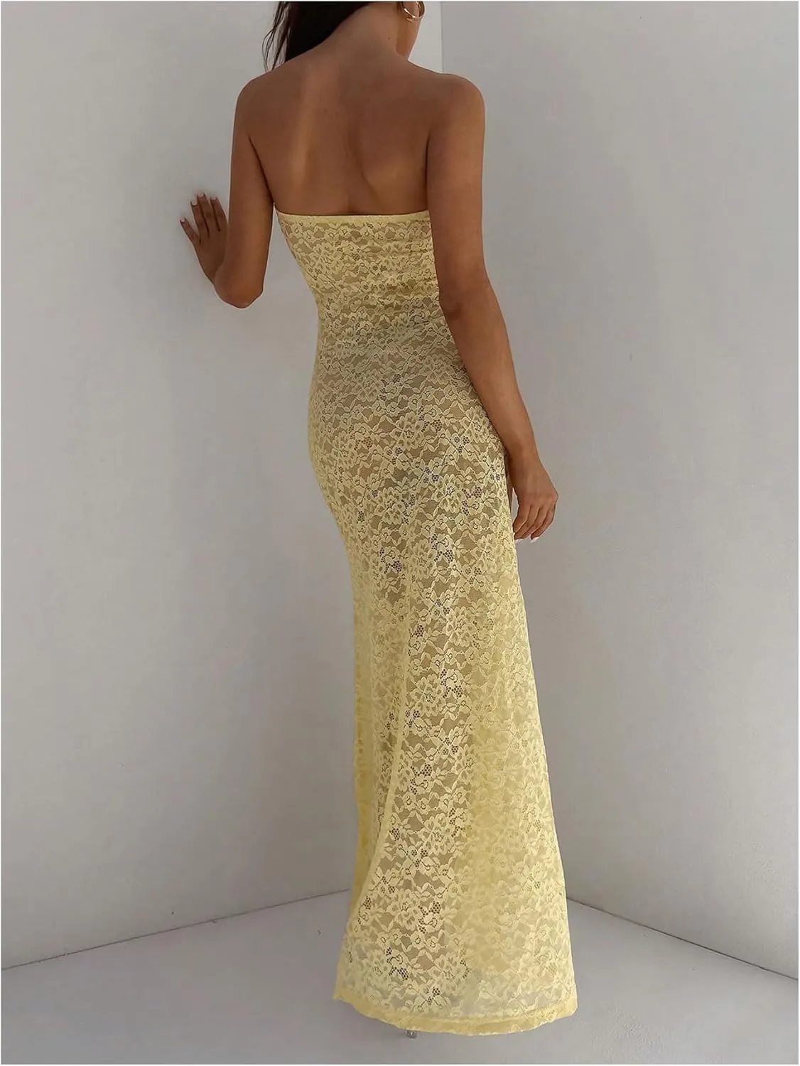 Milumia Women's Lace Tube Maxi Dress Strapless See Through Sheer Bodycon Dresses