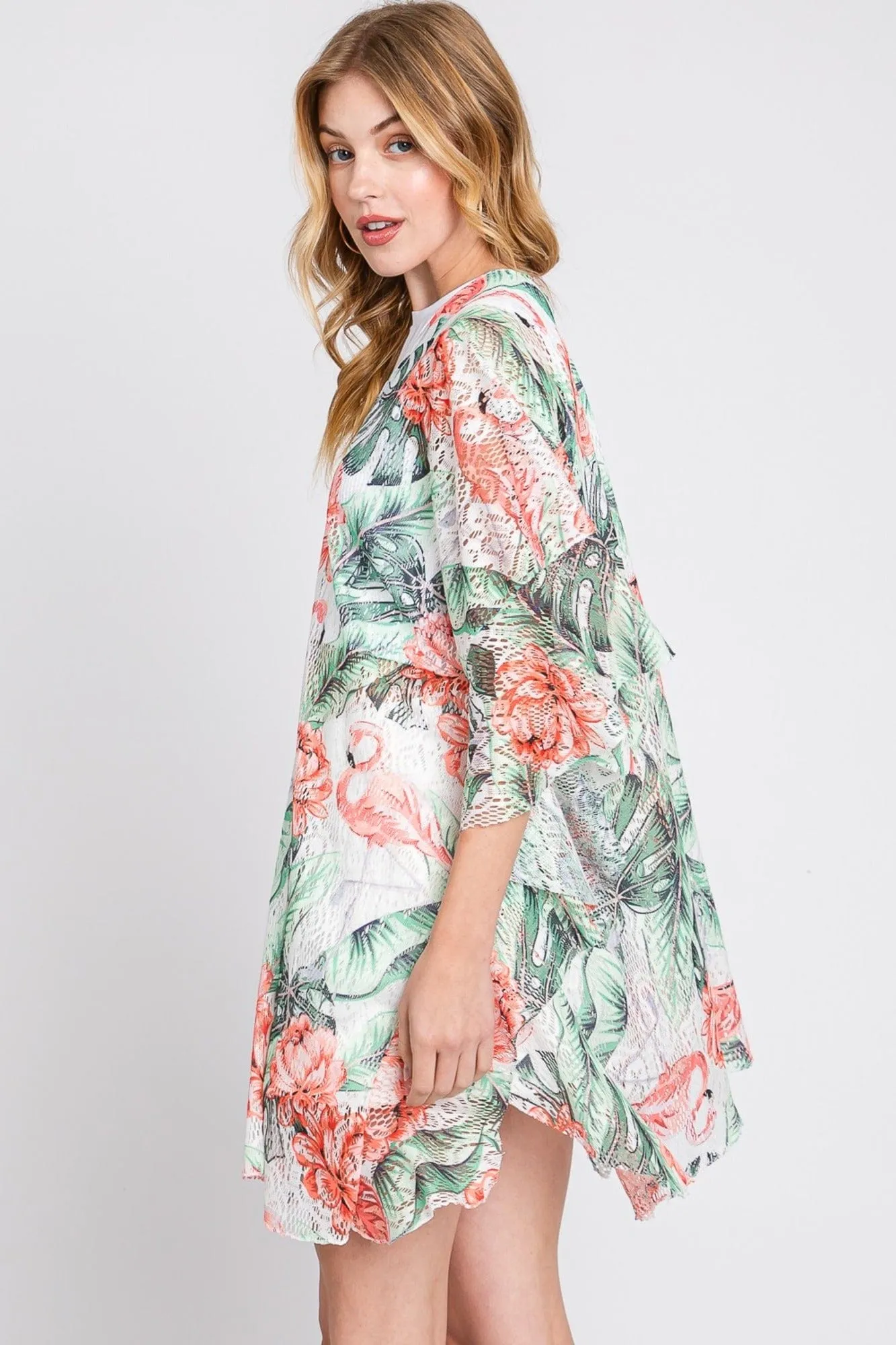 MS0358 Jade Ruffle Lined Tropical Leaves Kimono