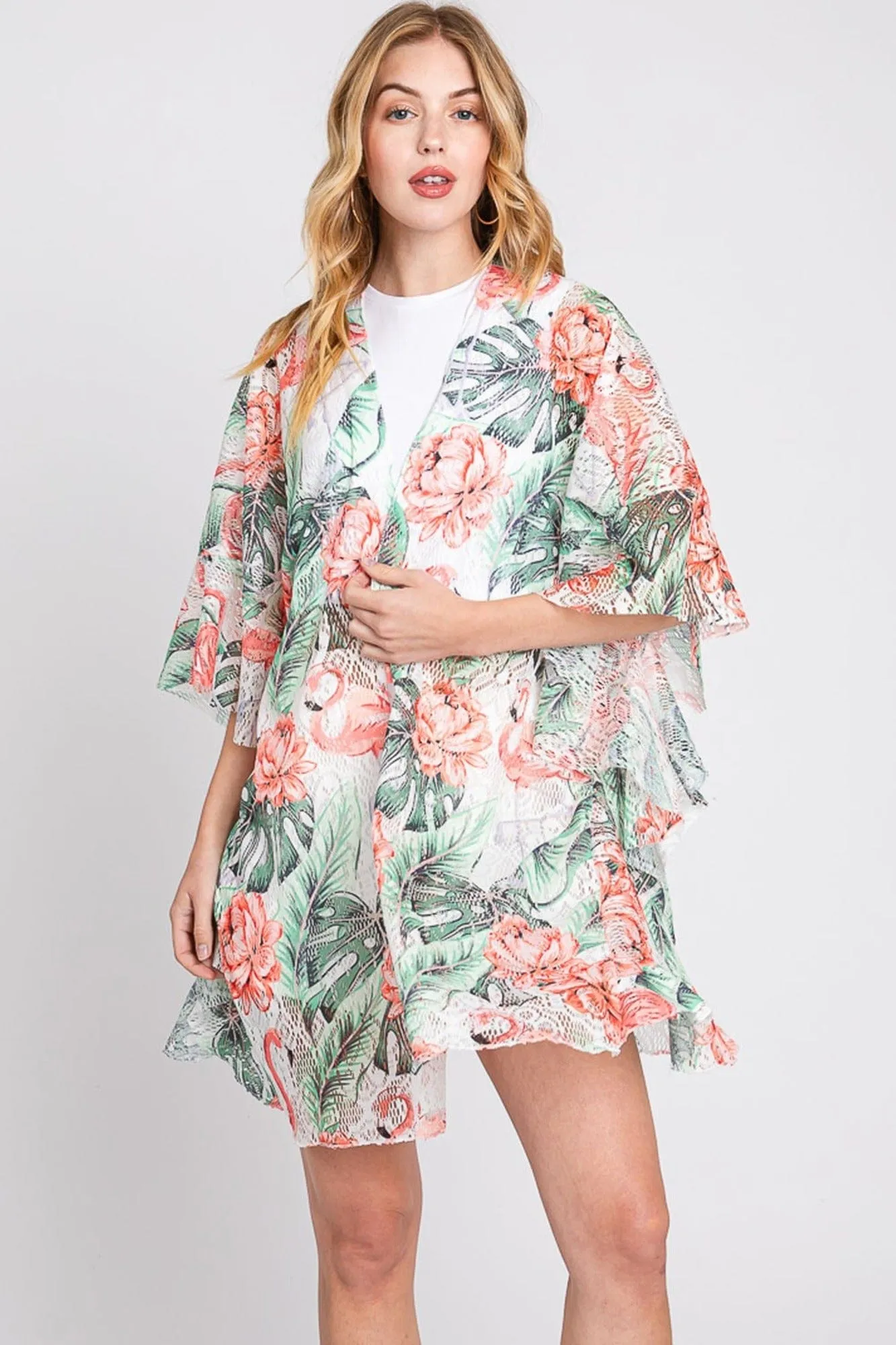 MS0358 Jade Ruffle Lined Tropical Leaves Kimono