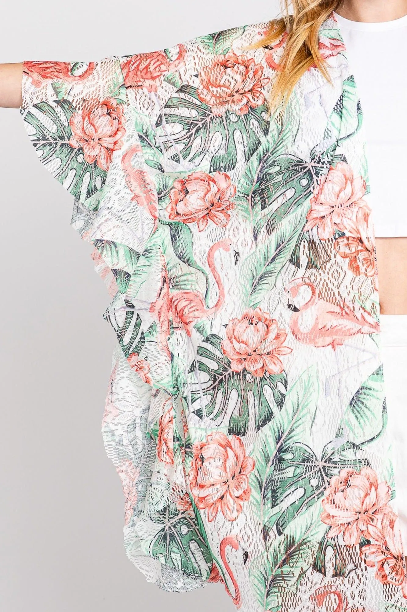 MS0358 Jade Ruffle Lined Tropical Leaves Kimono