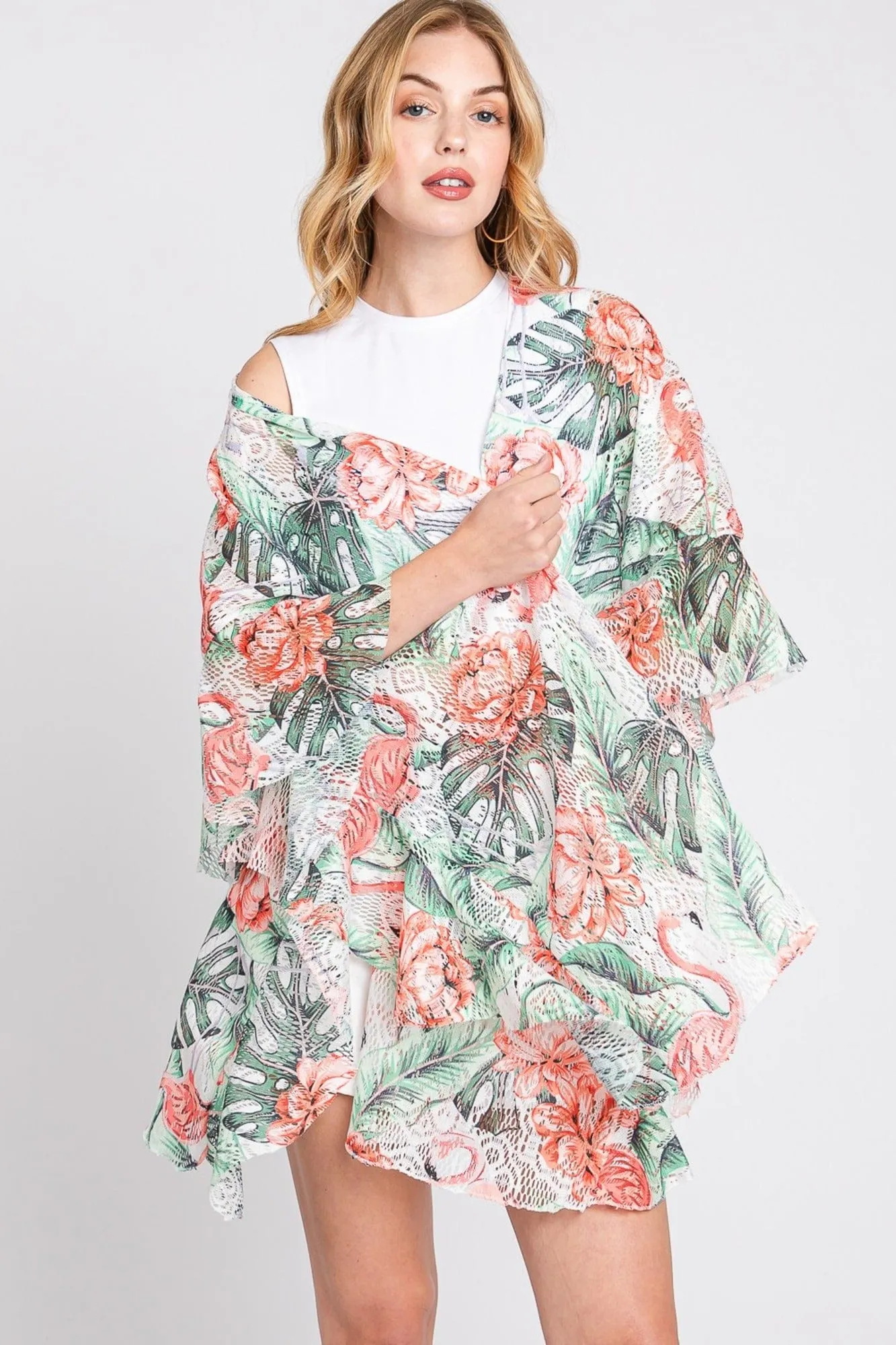 MS0358 Jade Ruffle Lined Tropical Leaves Kimono