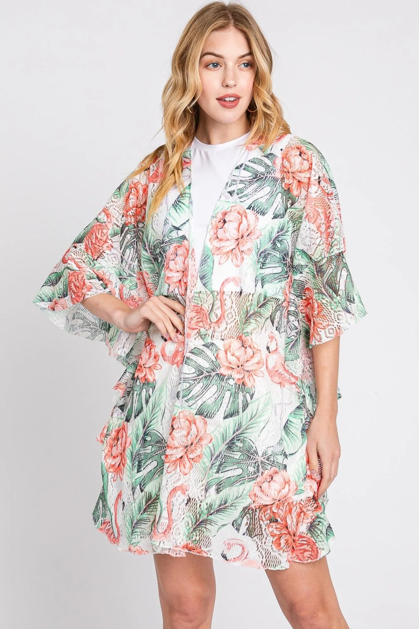 MS0358 Jade Ruffle Lined Tropical Leaves Kimono