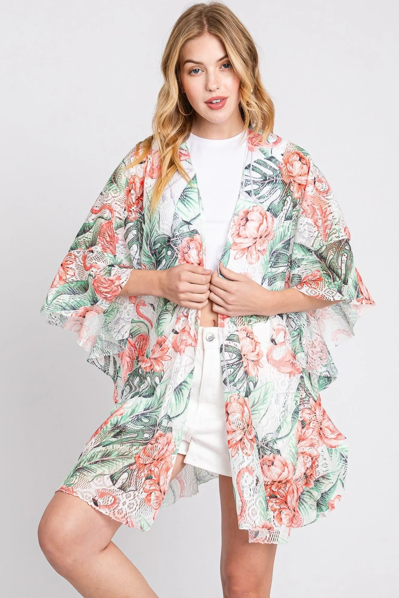 MS0358 Jade Ruffle Lined Tropical Leaves Kimono