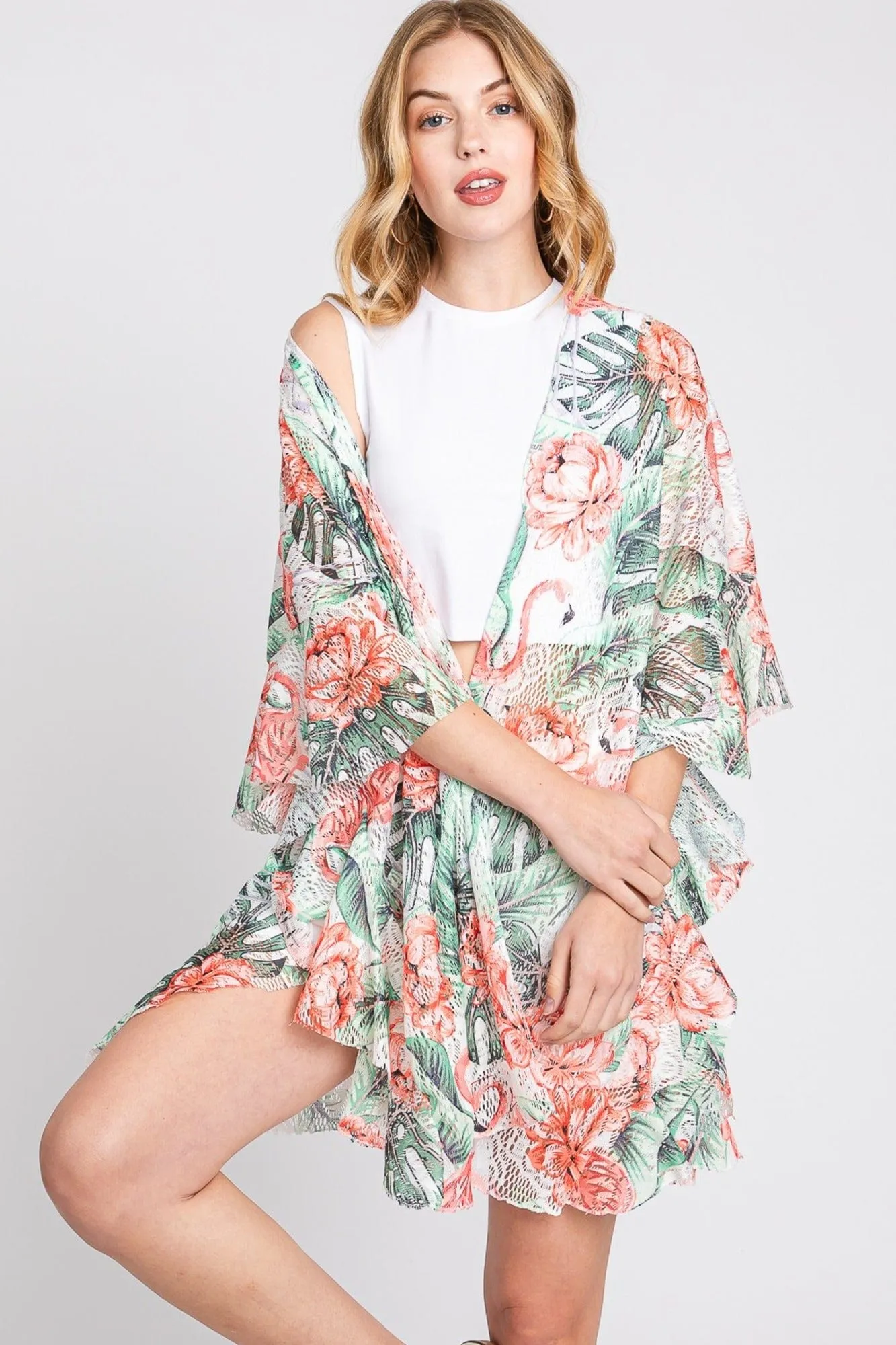 MS0358 Jade Ruffle Lined Tropical Leaves Kimono
