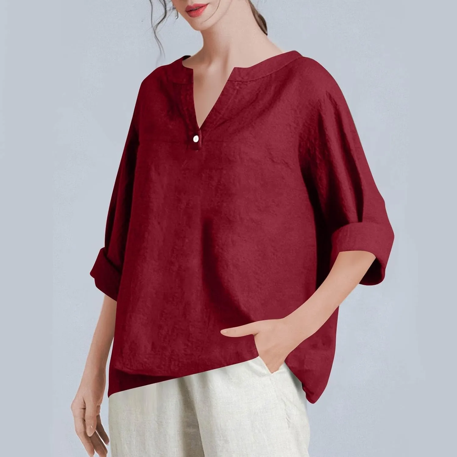 NBXNZWF Womens Cotton Linen Shirts 3/4 Sleeve Summer Loose Casual Tunic Button Down Office Work Lightweight Gauze Blouses