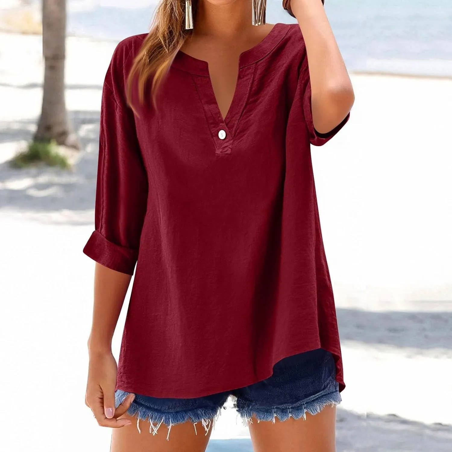 NBXNZWF Womens Cotton Linen Shirts 3/4 Sleeve Summer Loose Casual Tunic Button Down Office Work Lightweight Gauze Blouses