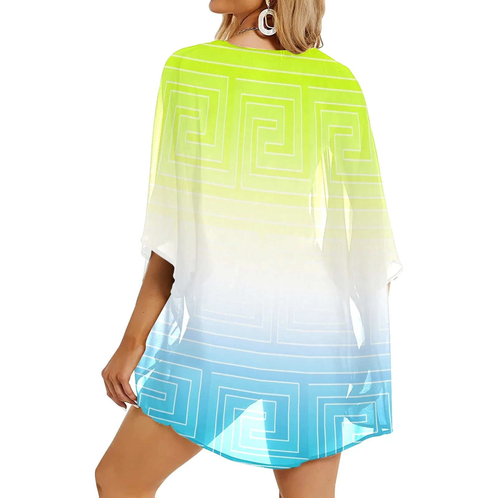neon green greek key ombre print 8A Women's Kimono Chiffon Cover Up (Model H51)