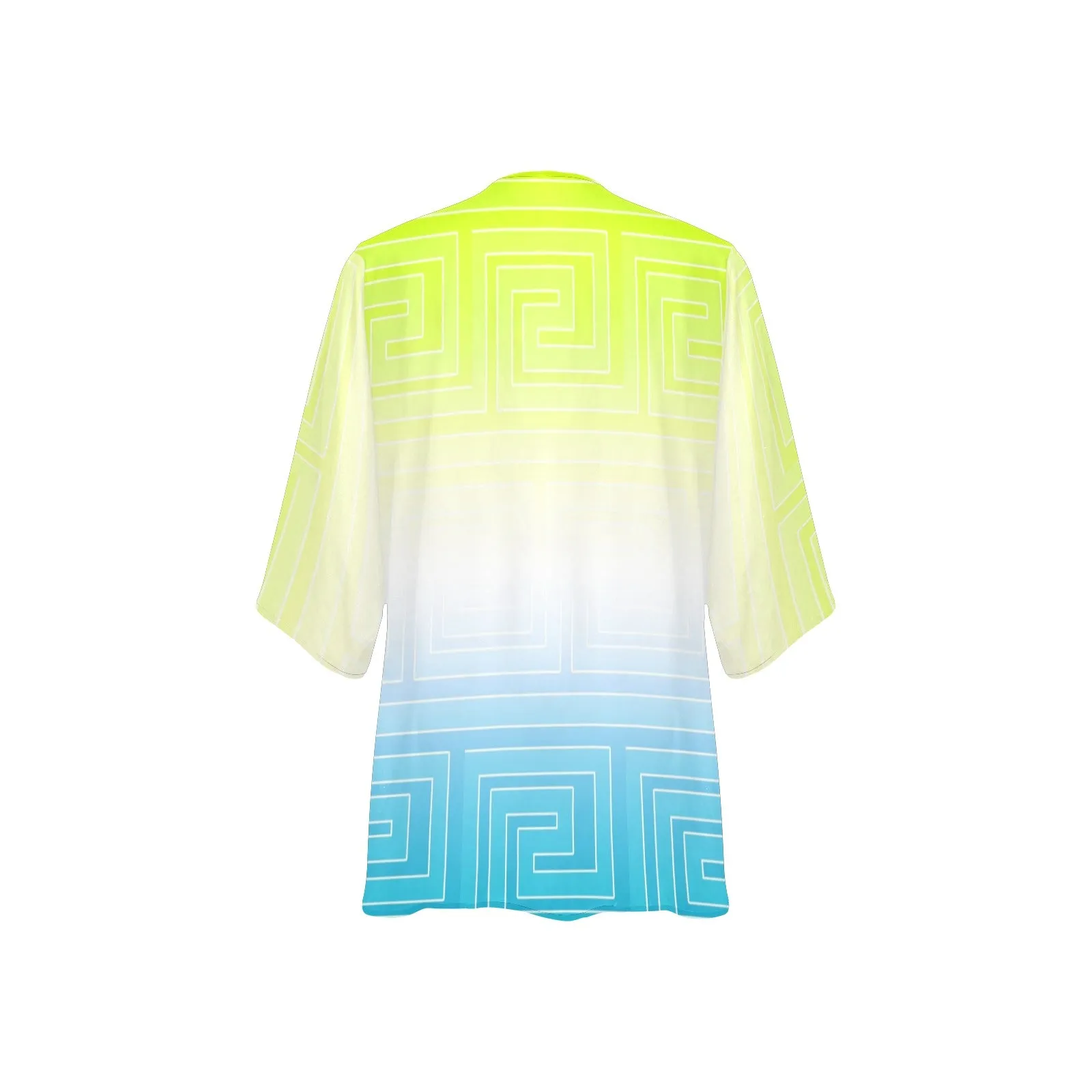 neon green greek key ombre print 8A Women's Kimono Chiffon Cover Up (Model H51)