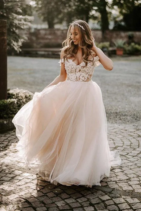 NumberSea Bohemian Tulle Lace A-line Off-the-Shoulder Beach Wedding Dresses, MW561