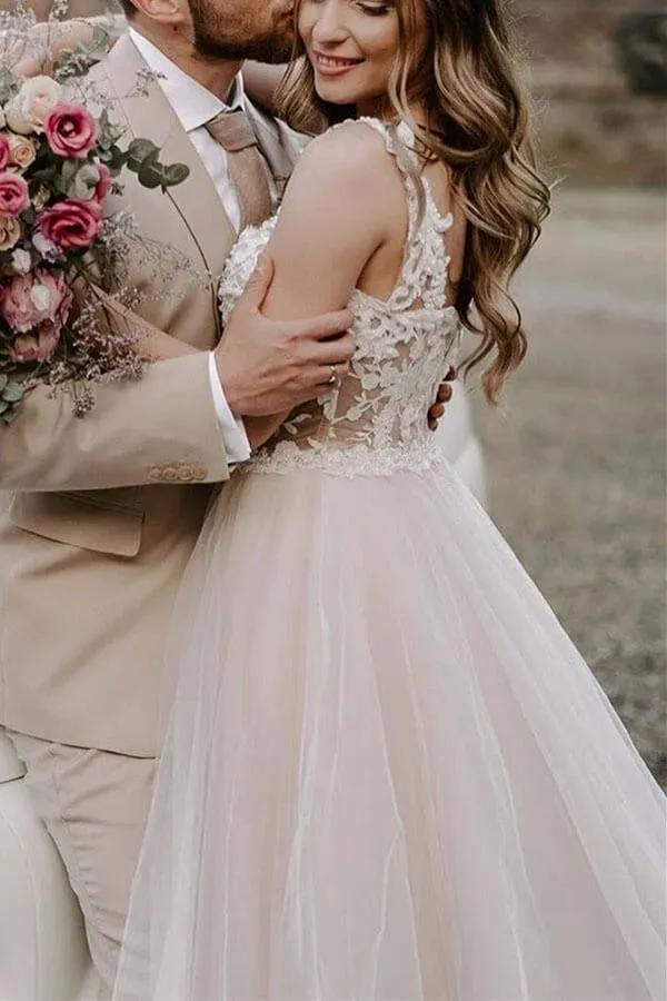 NumberSea Bohemian Tulle Lace A-line Off-the-Shoulder Beach Wedding Dresses, MW561