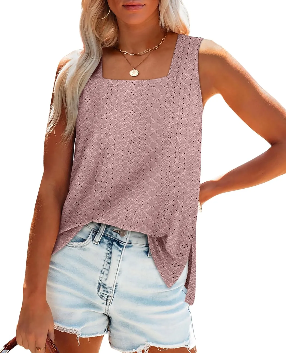 OFEEFAN Womens Tank Tops Square Neck Summer Loose Fit Casual Basic Fashion Flowy Sleeveless