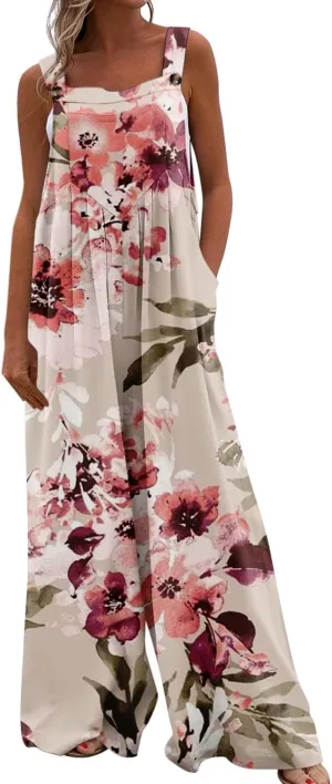 One Piece Jumpsuits for Women 2024 Summer Wide Leg Floral Print Romper Trendy Travel Button Overalls with Pockets