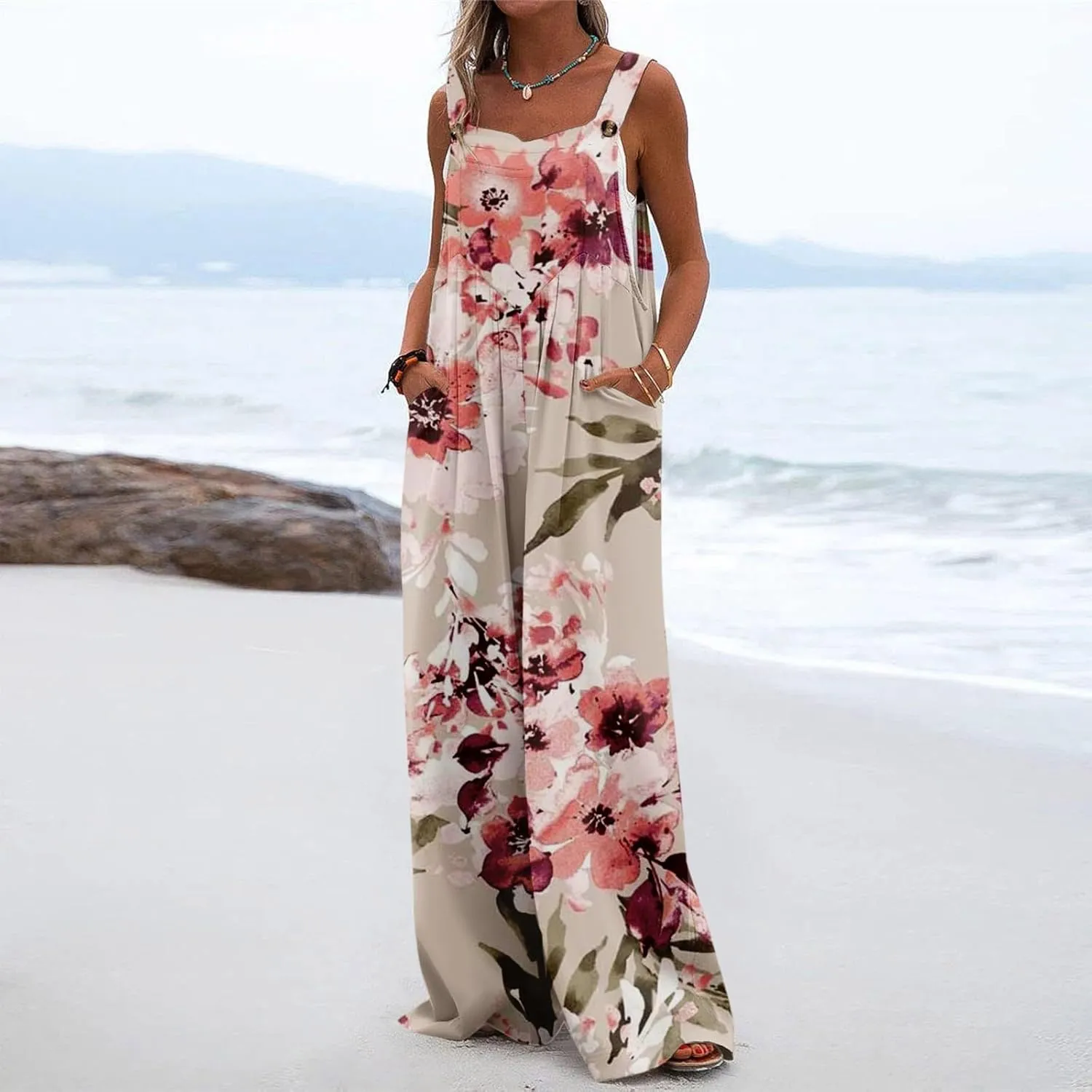 One Piece Jumpsuits for Women 2024 Summer Wide Leg Floral Print Romper Trendy Travel Button Overalls with Pockets