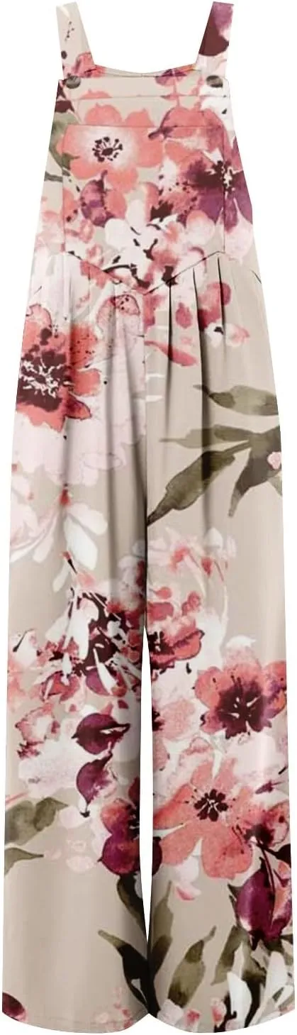One Piece Jumpsuits for Women 2024 Summer Wide Leg Floral Print Romper Trendy Travel Button Overalls with Pockets