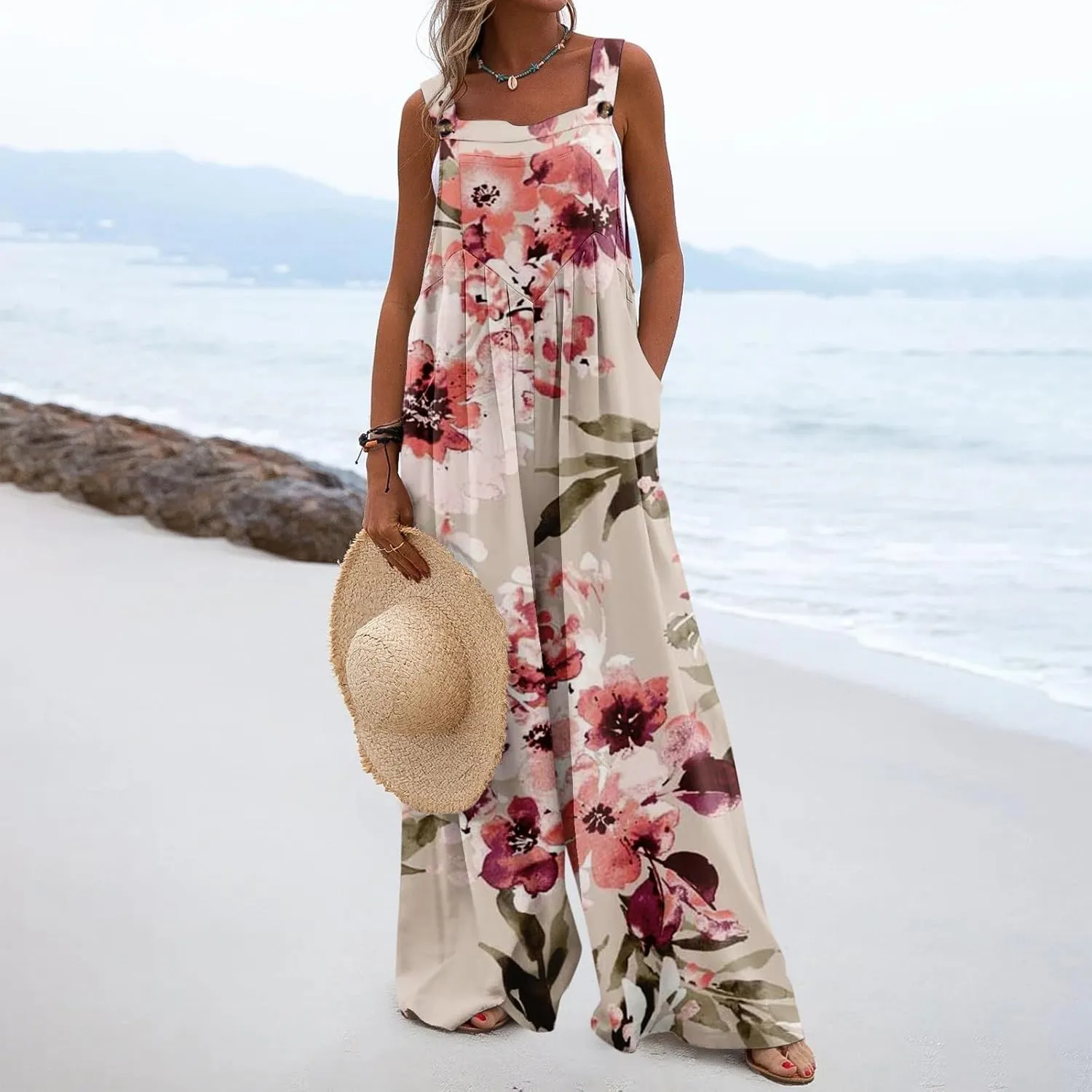 One Piece Jumpsuits for Women 2024 Summer Wide Leg Floral Print Romper Trendy Travel Button Overalls with Pockets