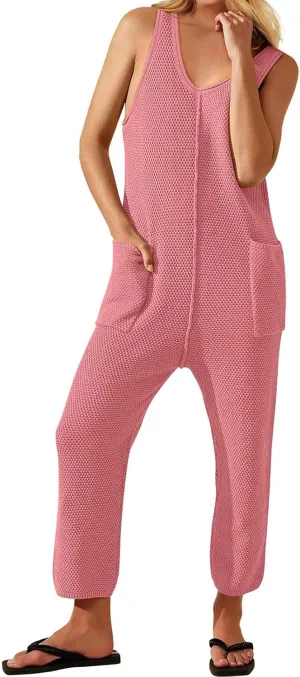 One Piece Jumpsuits for Women 2025 Casual Waffle Knit Jumpsuit Summer Comfy Sleeveless V Neck Romper Beach Overalls