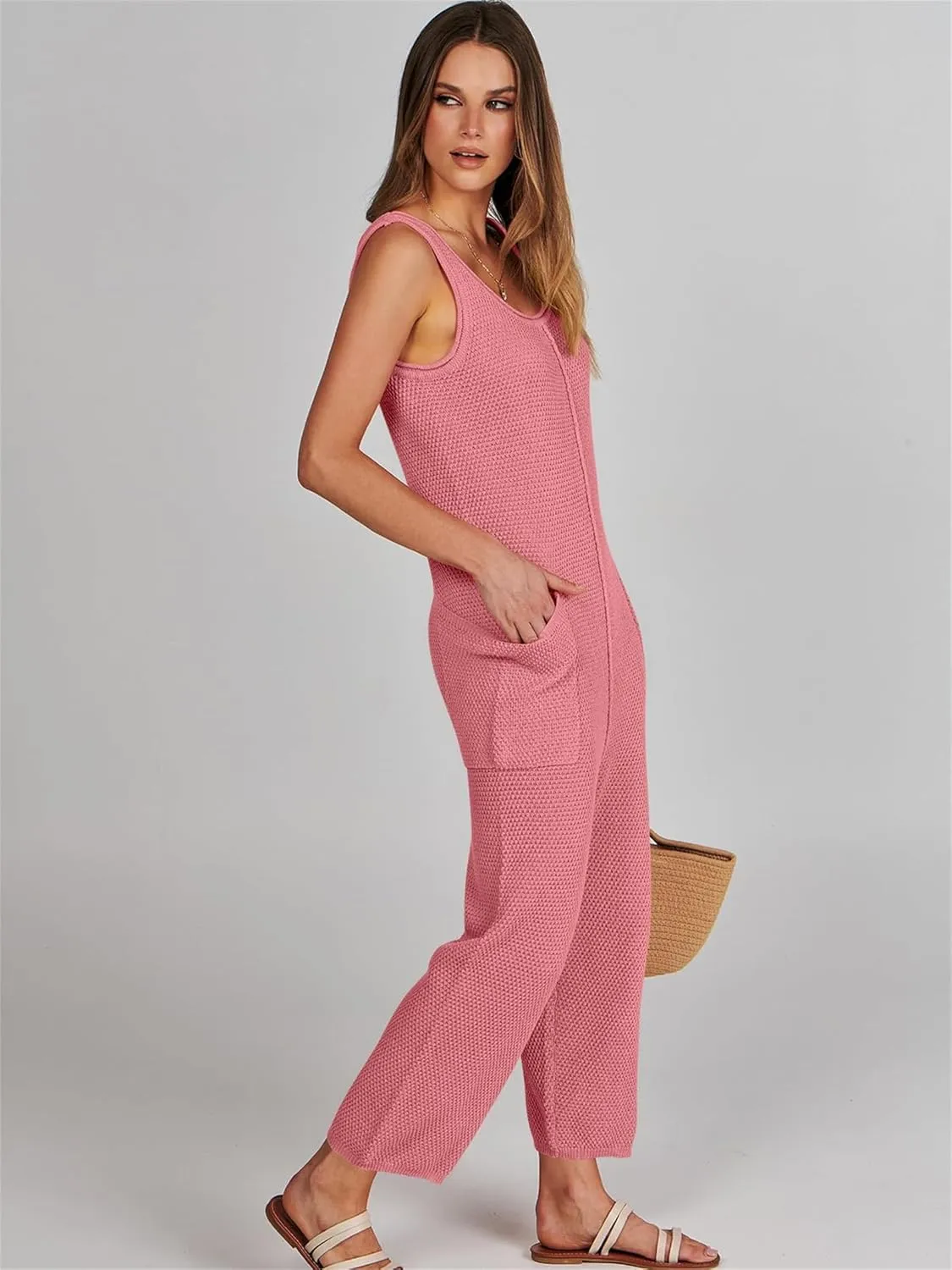 One Piece Jumpsuits for Women 2025 Casual Waffle Knit Jumpsuit Summer Comfy Sleeveless V Neck Romper Beach Overalls