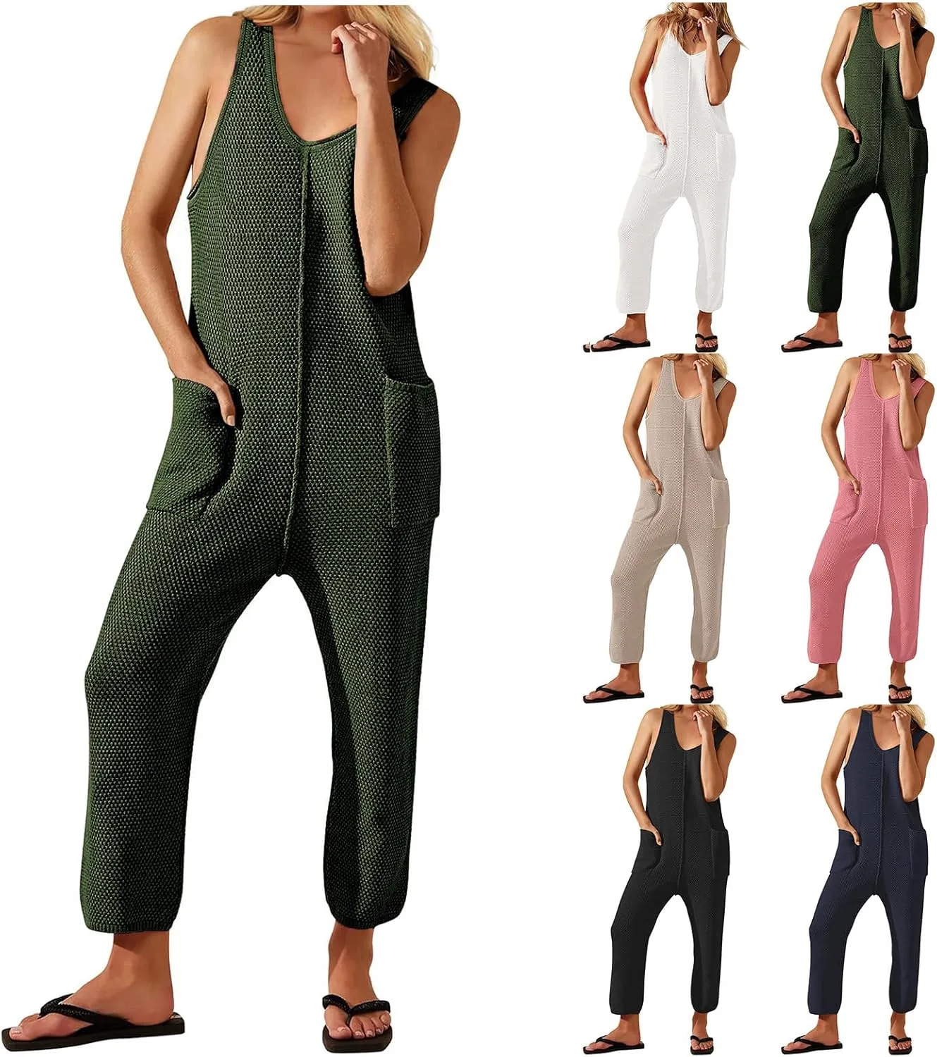 One Piece Jumpsuits for Women 2025 Casual Waffle Knit Jumpsuit Summer Comfy Sleeveless V Neck Romper Beach Overalls