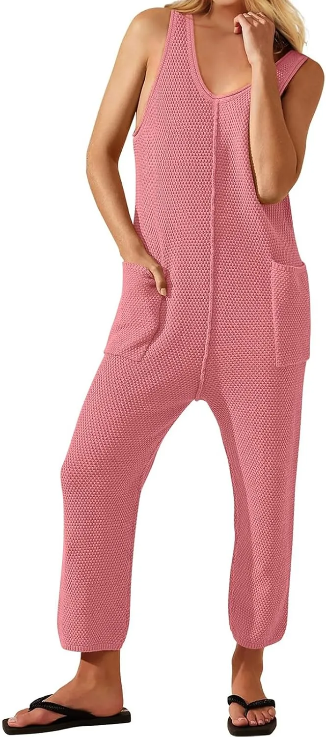 One Piece Jumpsuits for Women 2025 Casual Waffle Knit Jumpsuit Summer Comfy Sleeveless V Neck Romper Beach Overalls