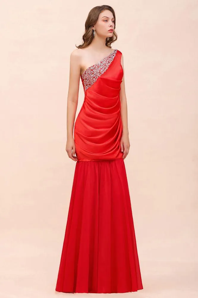 One Shoulder Strech Satin Red Ruffle Bridesmaid Dress Floor Length/Mini Party Dress